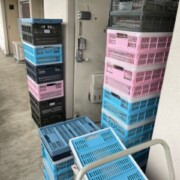 マンションの共用廊下に色分けされたカゴが高く積まれ、大量の本が搬出準備されている様子。