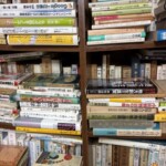 思想・哲学や専門書が並ぶ本棚と、棚の前に積み重ねられた書籍。